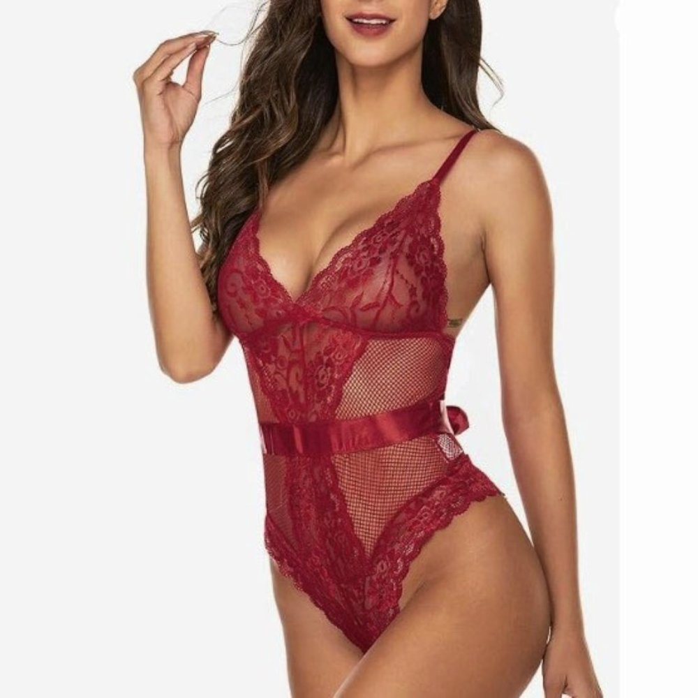 Bodysuit Lace Women's Lingerie Deep V-Neck Lingerie Top One-Piece Burgundy color